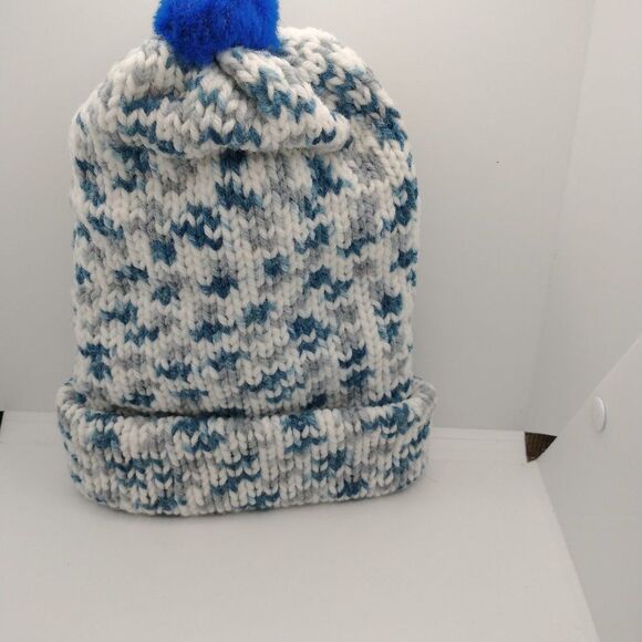 Handmade Hat Blue Unisex Winter Slouchy Knit Warm Beanie Ski Cap Pom Pom - Picture 2 of 12